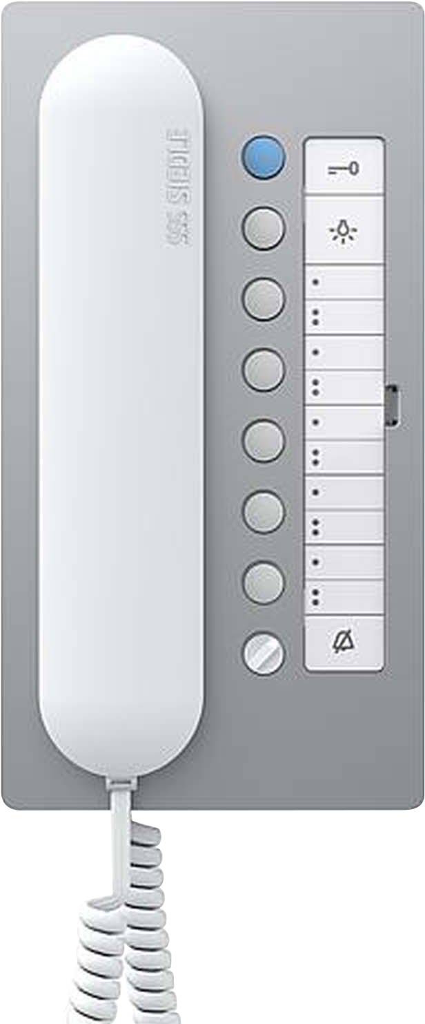 Téléphone avec combiné, huit touches et affichage à LED. Combiné à gauche, touches à droite sur un fond gris.