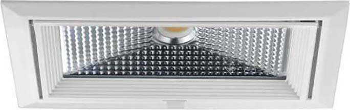 Plafonnier rectangulaire blanc avec réflecteur strié et source lumineuse LED centrale. Design moderne pour un éclairage uniforme.