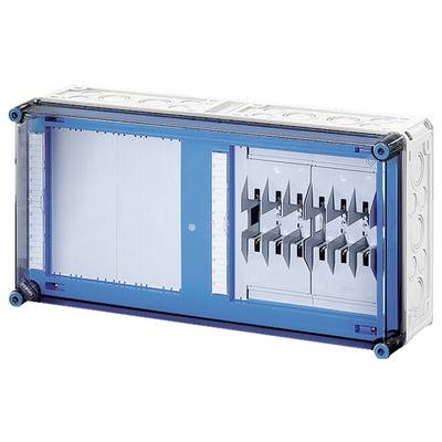 Boîte rectangulaire en plastique transparent avec plusieurs compartiments internes et des ouvertures de sortie sur les côtés.