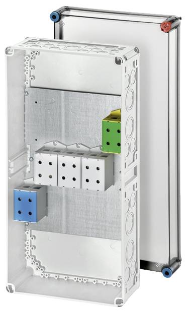 Boîtier de sécurité transparent avec plusieurs composants internes, comprenant des modules colorés. Adapté pour les installations électriques.
