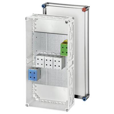Boîtier de sécurité transparent avec plusieurs composants internes, comprenant des modules colorés. Adapté pour les installations électriques.