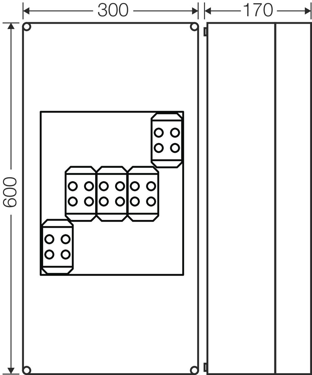 Dessin technique d'un boîtier électrique rectangulaire avec des dimensions de 600x300x170 mm, modules intégrés visibles.
