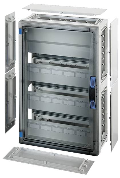 Un boîtier gris rectangulaire équipé de plusieurs rails verticaux pour composants électroniques, avec des panneaux latéraux et avant amovibles.