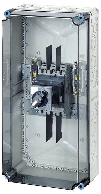 Dispositif électrique dans un boîtier transparent, contenant un interrupteur avec un bouton central rotatif et des connexions.