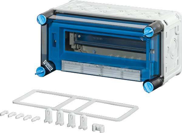 Boîtier vide en plastique pour installation murale, fenêtre transparente bleue, avec matériel de fixation et supports.