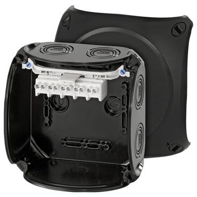 Boîte de connexion électrique noire avec couvercle retiré, montrant le câblage interne et les bornes fixées, adaptée pour une installation murale.