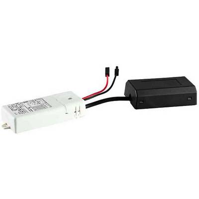 Un appareil électronique blanc et un appareil électronique noir sont connectés par des fils. L'appareil blanc porte des spécifications techniques imprimées.