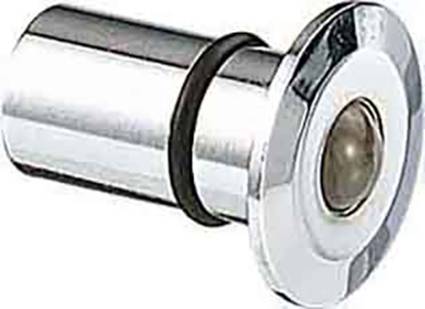 Un judas argenté avec une lentille ronde dans un boîtier métallique cylindrique, couramment utilisé sur les portes pour voir qui se trouve de l'autre côté.