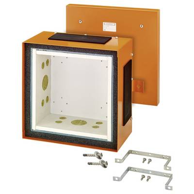 Un boîtier en acier orange avec un couvercle amovible et des supports extractibles, probablement destiné à protéger des composants électriques.