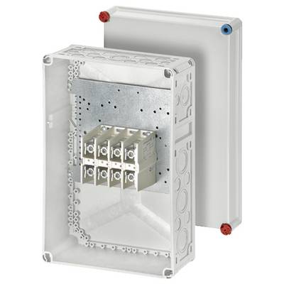 Boîte de connexion électrique en plastique avec plaque métallique et bloc de bornes à l'intérieur, adaptée pour un montage mural.