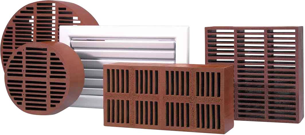 Grilles de ventilation dans différentes formes et tailles, principalement en rouge.