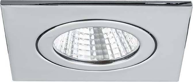 Luminaire encastrable carré avec cadre brillant argenté et élément lumineux central circulaire.