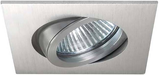 Spot encastré rectangulaire au plafond en métal brossé avec boîtier LED rond pivotant.