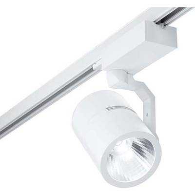 Un luminaire sur rail blanc à tête cylindrique, monté au plafond, adapté pour un éclairage ciblé des espaces.