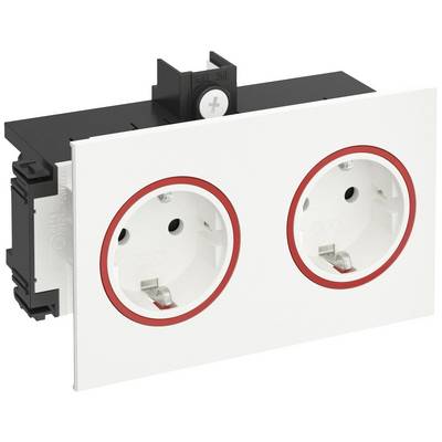 'Prise double avec un cercle rouge sur fond blanc, sans couvercle. Montre le mécanisme de connexion et le design détaillé.'