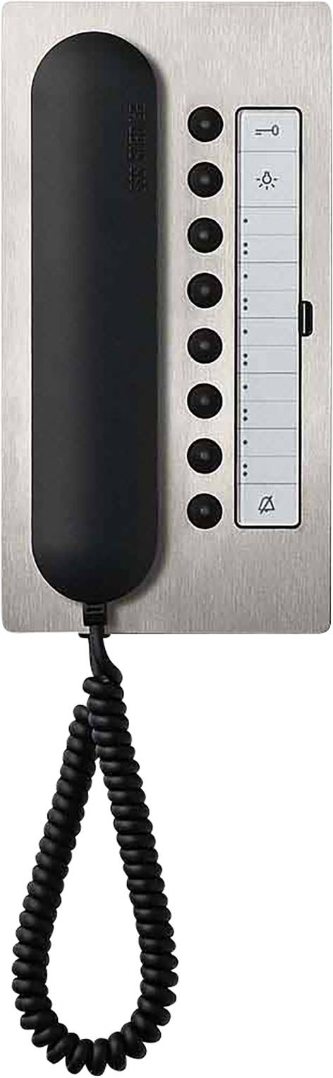 Un téléphone résidentiel avec combiné, six touches de commande et une fonction d'ouverture de porte. But : communication et contrôle d'accès à la porte.