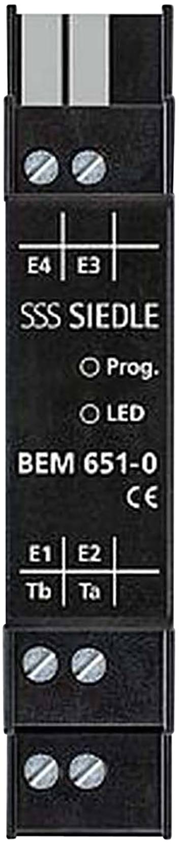 Un module noir portant l'inscription 'SSS SIEDLE BEM 651-0 CE'. Connexions visibles : E4, E3, E1, E2, Ta, Tb. Commutateurs d'options pour 'Prog.' et 'LED'.