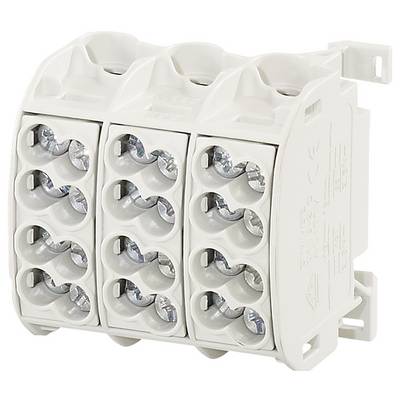 Un bloc de jonction électrique blanc avec plusieurs bornes, adapté au câblage de fils dans les installations électriques.