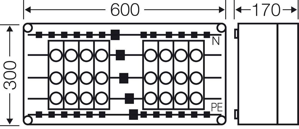 Schéma de boîte de distribution électrique : Deux blocs de raccordement verticaux pour connexions de fils, dimensions 600x300x170 mm, marqués 'N' et 'PE'.