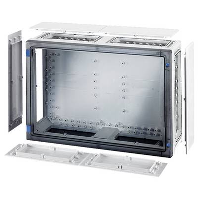 Boîtier électrique gris-bleu avec plusieurs panneaux amovibles pour des personnalisations modulaires et des passages de câbles.