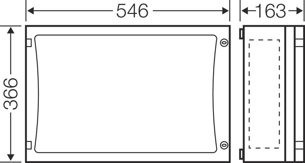 Dessin coté d'un objet rectangulaire de 546 mm de largeur, 366 mm de hauteur et 163 mm de profondeur, vu de côté.