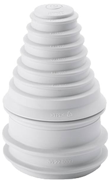 Soufflet en caoutchouc gris et blanc, conique, avec plusieurs étages segmentés, probablement une pièce de rechange pour une application technique.