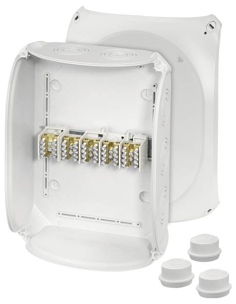 Boîte de dérivation électrique blanche ouverte en plastique avec des bornes de câblage visibles ; couvercle fermé et joints adjacents.