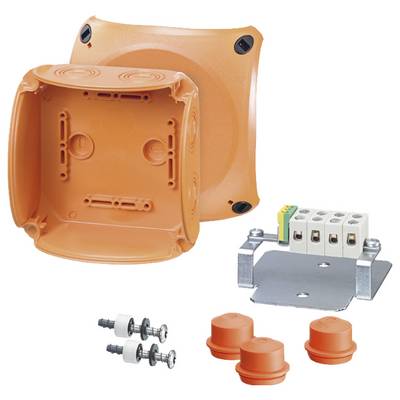 Boîte de raccordement électrique en plastique avec couvercle amovible, entrées de câbles, bornes à enficher et accessoires de montage.