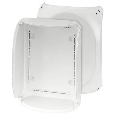Deux boîtiers blancs vides en plastique, rectangulaires, aux angles arrondis, avec des ouvertures sur les côtés pour le passage des câbles.