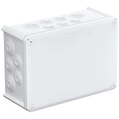 Boîte de connexion rectangulaire blanche en plastique avec des entrées de câbles striées sur les côtés. Adaptée pour les installations électriques.