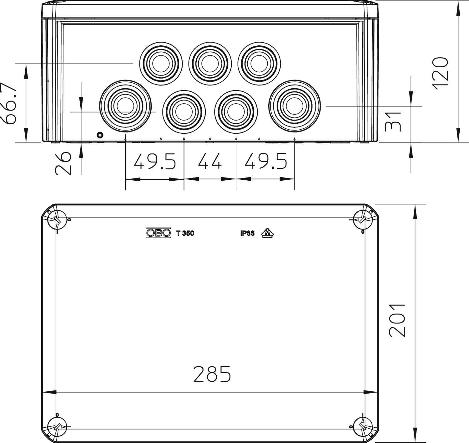 Dessin technique d'un dispositif rectangulaire avec sept ouvertures circulaires et indication des dimensions. Les ouvertures sont disposées en deux rangées.