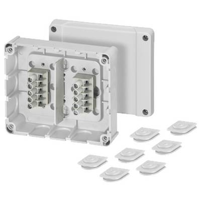 Boîte de raccordement gris-blanc avec plusieurs bornes de connexion, couvercle retiré et neuf bouchons d'étanchéité séparés.