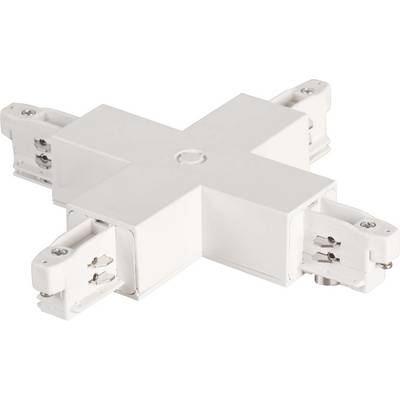Un connecteur LED blanc en forme de croix avec quatre points de connexion. Utilisé pour relier des rails lumineux dans un système à angle droit.