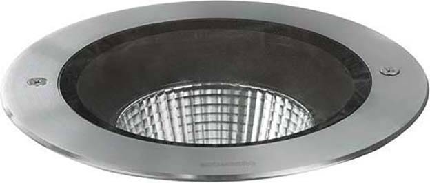 Luminaire encastrable argenté avec cadre circulaire et élément lumineux en forme de grille à l'intérieur, adapté pour les sols ou les murs.
