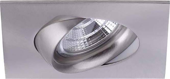 Luminaire encastré au plafond avec un cadre rectangulaire argenté pivotant et un projecteur rond à faisceau ajustable.