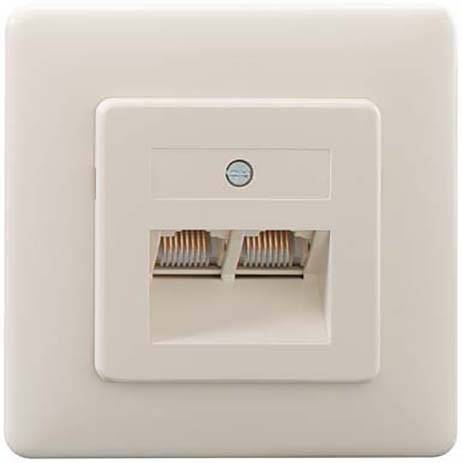 Prise réseau avec deux ports RJ45, montée sur une plaque murale blanche, destinée à connecter des câbles Ethernet dans un bâtiment.
