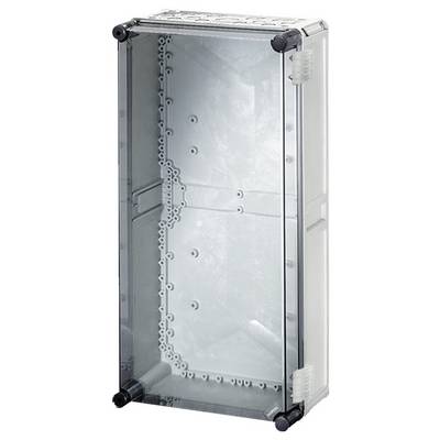 Boîtier à couvercle transparent, rectangulaire, avec plusieurs points de fixation intérieurs, adapté aux composants électroniques.
