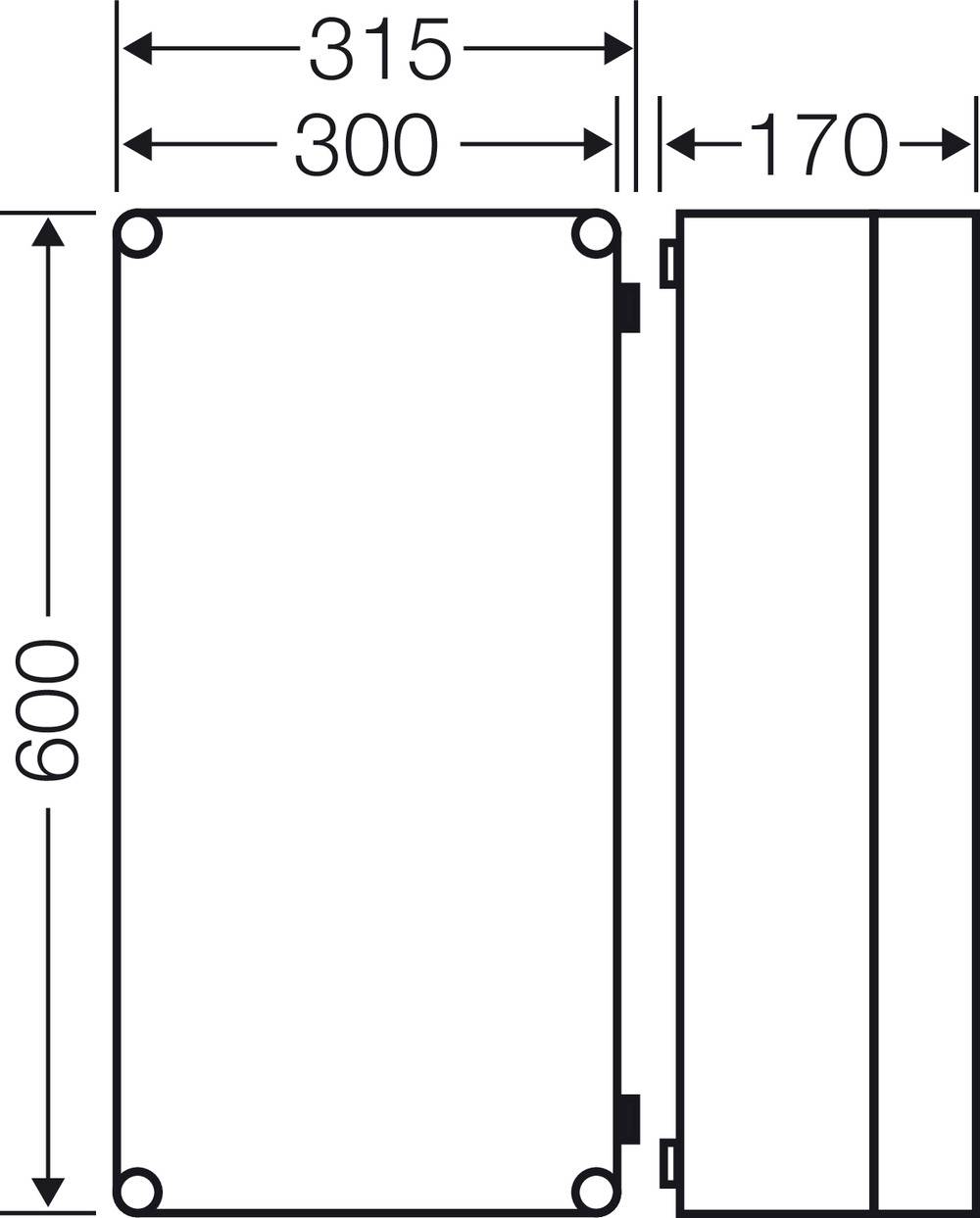 Un dessin technique montre la vue d'un boîtier rectangulaire avec les dimensions suivantes : 600 mm de hauteur, 315 mm de largeur en haut, 300 mm de largeur en bas et 170 mm de profondeur.