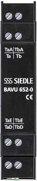 Un boîtier de commande noir Siedle BAVU 652-0 avec plusieurs vis et le marquage CE ; montre les connexions TaA, TbA, TaE, TbE.