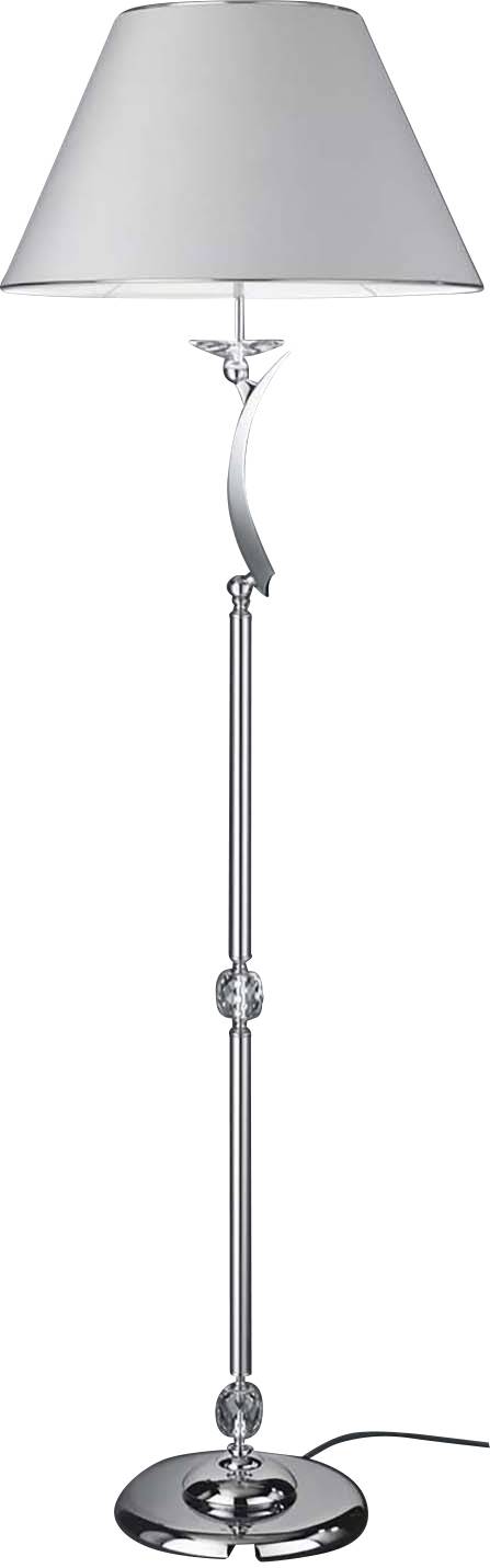 Lampadaire avec support argenté et abat-jour blanc, adapté au salon, design classique et élégant.