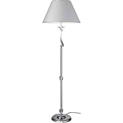 Lampadaire avec support argenté et abat-jour blanc, adapté au salon, design classique et élégant.