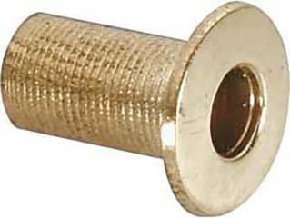 Douille cylindrique en laiton filetée sur le côté gauche et dotée d'un collet lisse sur le côté droit, représentée sur un fond blanc.