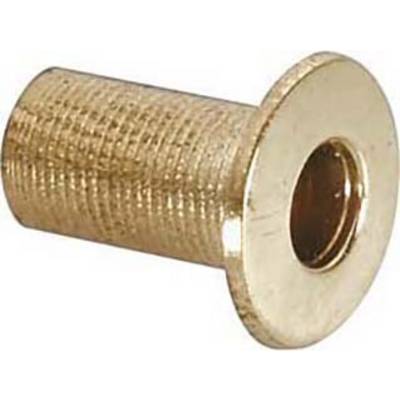 Douille cylindrique en laiton filetée sur le côté gauche et dotée d'un collet lisse sur le côté droit, représentée sur un fond blanc.