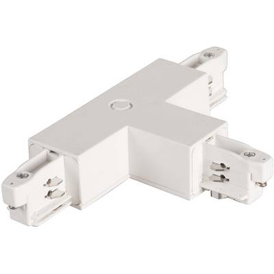 Connecteur de rail conducteur blanc en forme de T pour systèmes de rails, permettant de raccorder trois rails à un angle de 90 degrés.