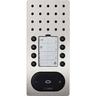 Interphone 'SSS Siedle' avec bouton de sonnette, haut-parleur et microphone. Plaque rectangulaire argentée avec des boutons noirs ronds.