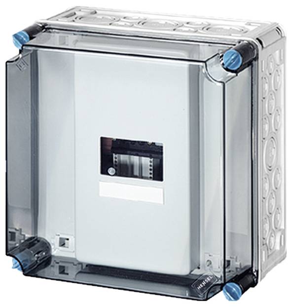 Boîtier électrique transparent avec un couvercle avant clair et des coins bleus, montrant un composant blanc à l'intérieur.