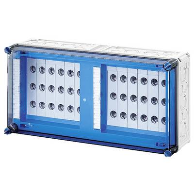 Boîte rectangulaire bleue en plastique avec plusieurs ouvertures rondes sur les côtés, identifiable comme un boîtier de raccordement électrique.