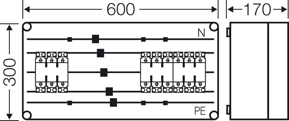 Diagramme d'un circuit électrique avec dimensions : 600 mm x 300 mm x 170 mm. Montre les connexions pour N et PE et plusieurs connexions.