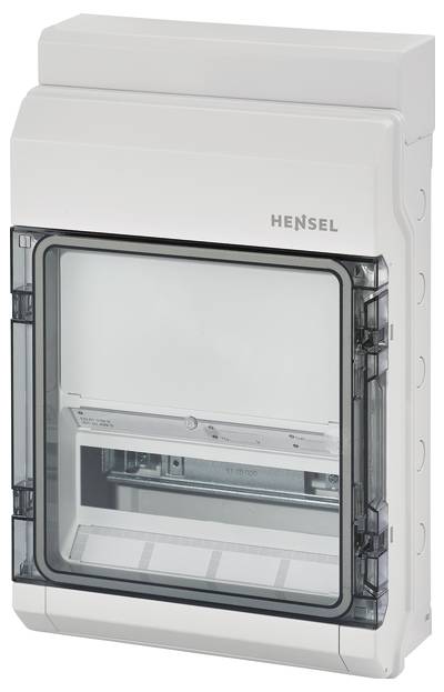 Coffret de distribution électrique gris, rectangulaire, avec couvercle transparent en plastique, adapté pour l'installation d'équipements électriques.