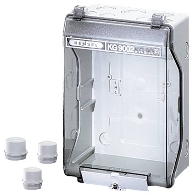 Boîtier de distribution électrique 'Hensel KG 9002' avec un boîtier transparent et trois capuchons de connexion amovibles à côté.
